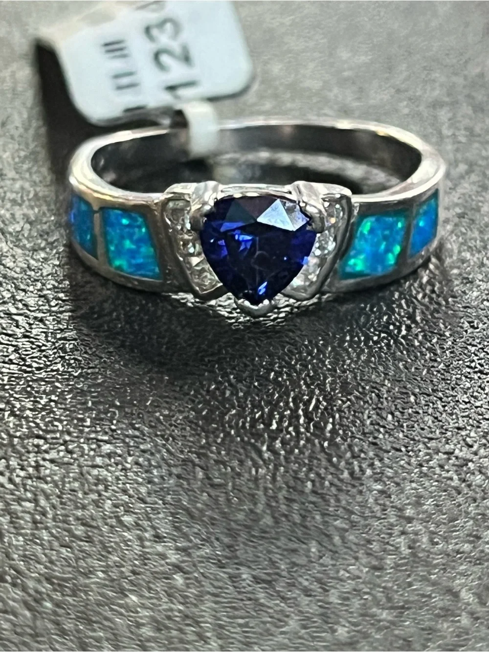 Sterling silver ring with blue center stone and opal inlay. Cz accents. Sz 8 New